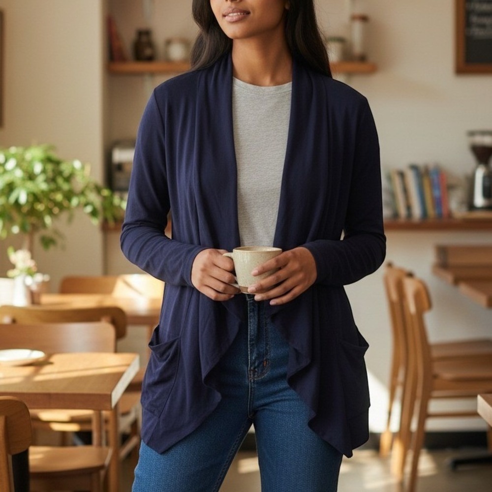 Matilda Jane Navy Blue Draped Open Front Cardigan with Thumbholes XS